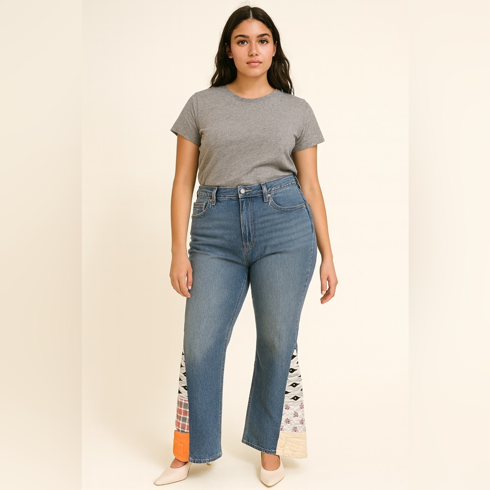 Old Navy‎ Upcycled Flared Jeans with Quilt and Lace Patchwork Detail Sz. 18